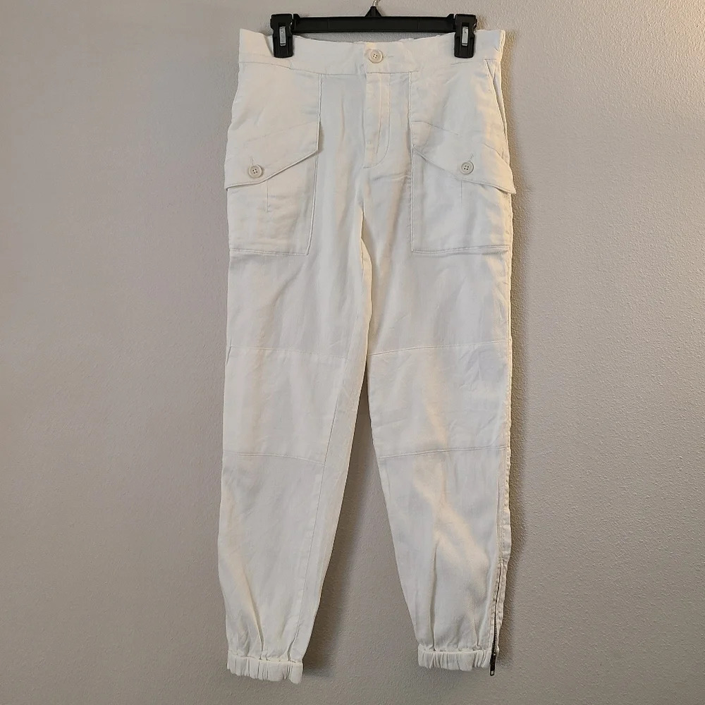 James Perse White Linen Blend Zip Ankle Jogger Pants